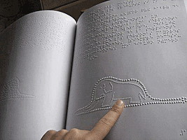 Photo du livre "Le Petit Prince" de Saint-Exupéry en braille, avec un éléphant dans un boa
