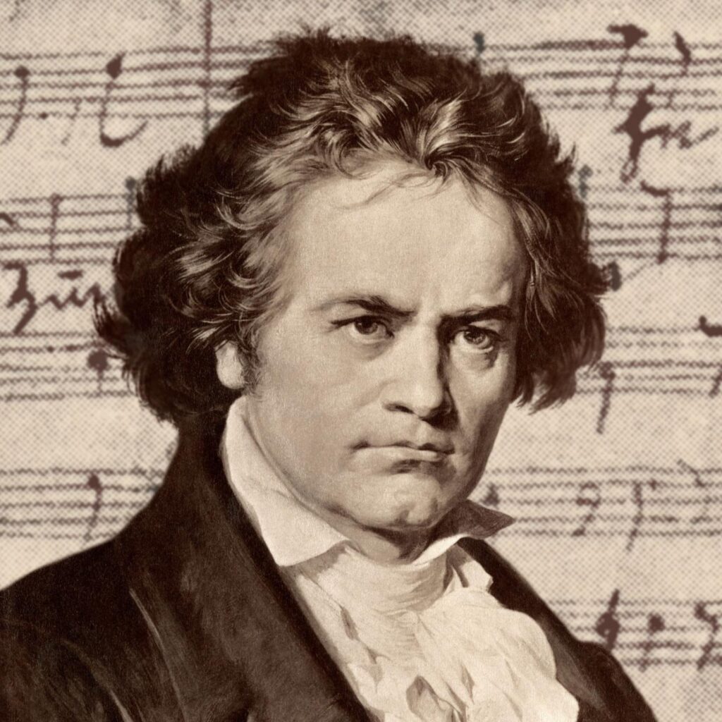 Ludwig van Beethoven , dessin de son portrait avec une partition de musique en arrière plan