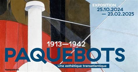 Affiche de l'exposition Paquebots, une composition avec une cheminée rouge et noire et une colonne de ventilation blanche. Avec un ciel bleu en arrière plan